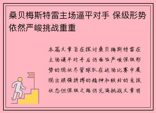 桑贝梅斯特雷主场逼平对手 保级形势依然严峻挑战重重