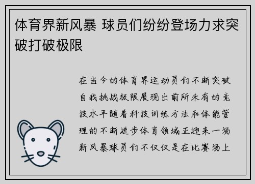 体育界新风暴 球员们纷纷登场力求突破打破极限
