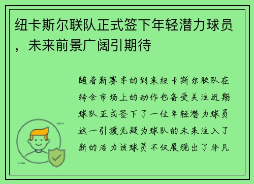 纽卡斯尔联队正式签下年轻潜力球员，未来前景广阔引期待
