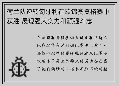 荷兰队逆转匈牙利在欧锦赛资格赛中获胜 展现强大实力和顽强斗志