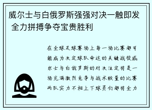 威尔士与白俄罗斯强强对决一触即发 全力拼搏争夺宝贵胜利