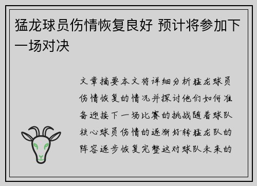 猛龙球员伤情恢复良好 预计将参加下一场对决