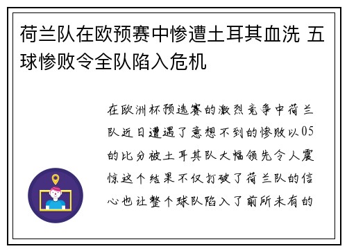荷兰队在欧预赛中惨遭土耳其血洗 五球惨败令全队陷入危机
