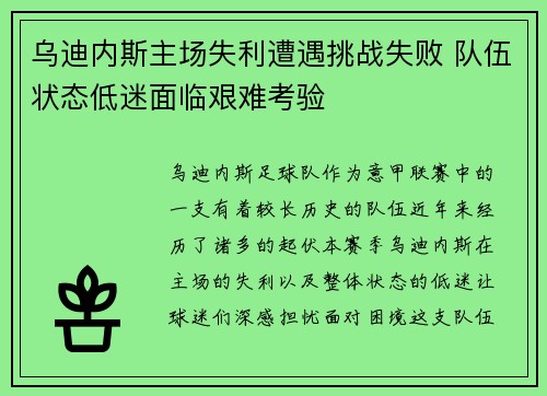 乌迪内斯主场失利遭遇挑战失败 队伍状态低迷面临艰难考验