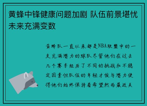 黄蜂中锋健康问题加剧 队伍前景堪忧未来充满变数