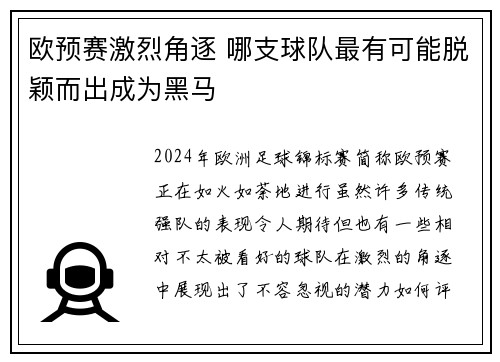 欧预赛激烈角逐 哪支球队最有可能脱颖而出成为黑马