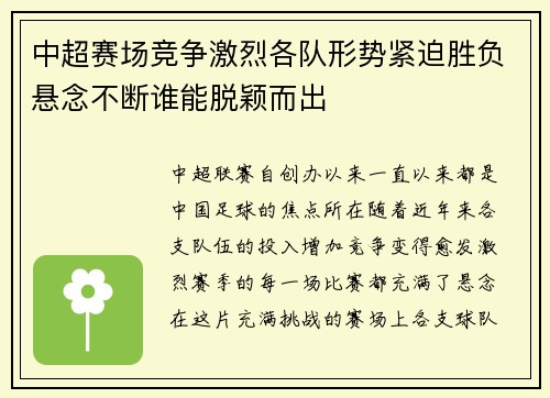中超赛场竞争激烈各队形势紧迫胜负悬念不断谁能脱颖而出