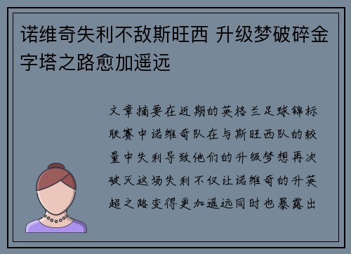 诺维奇失利不敌斯旺西 升级梦破碎金字塔之路愈加遥远